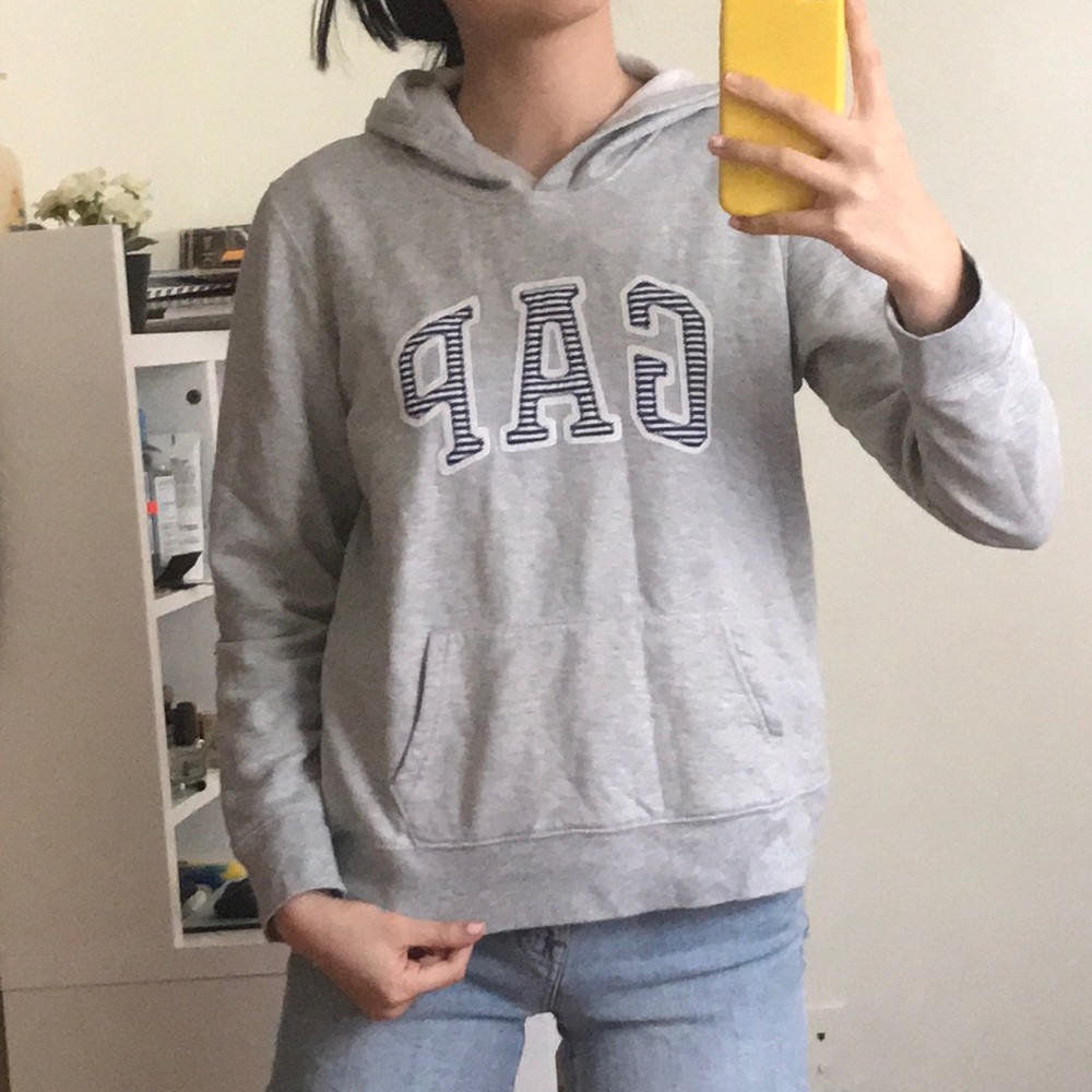 GAP unisex gray striped logo hoodie